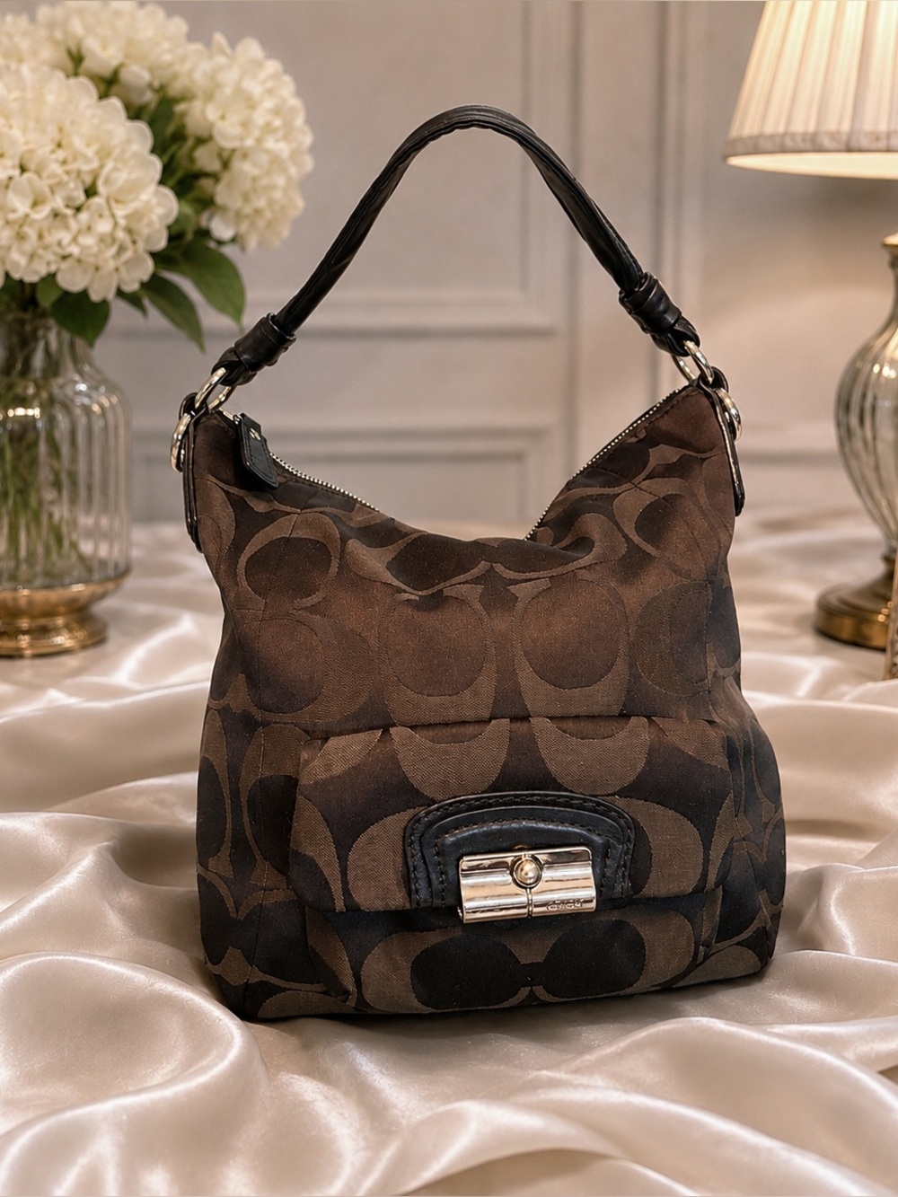 Coach Signature Hobo Shoulder Bag Black Jacquard Canvas Turn Lock Pocket 14074